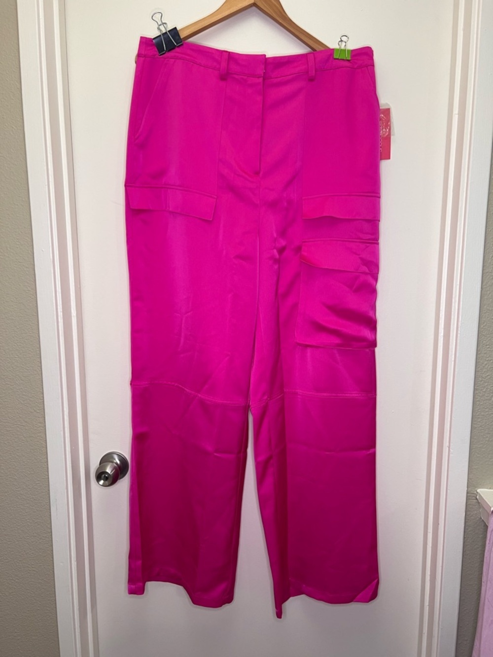 NWT Hot Pink Satin Cargo Pants XXL Wide Leg Statement Trousers